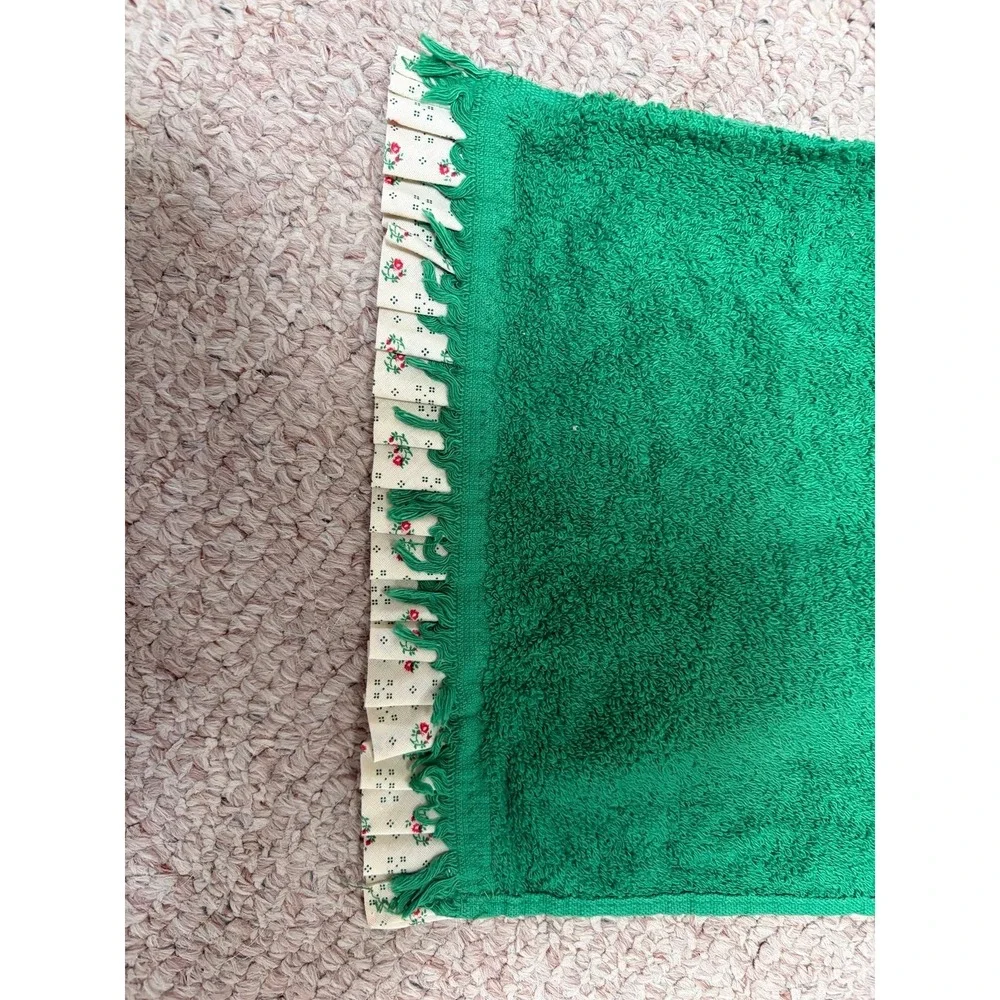 Green vintage royal Terry hand towel with flower fringe